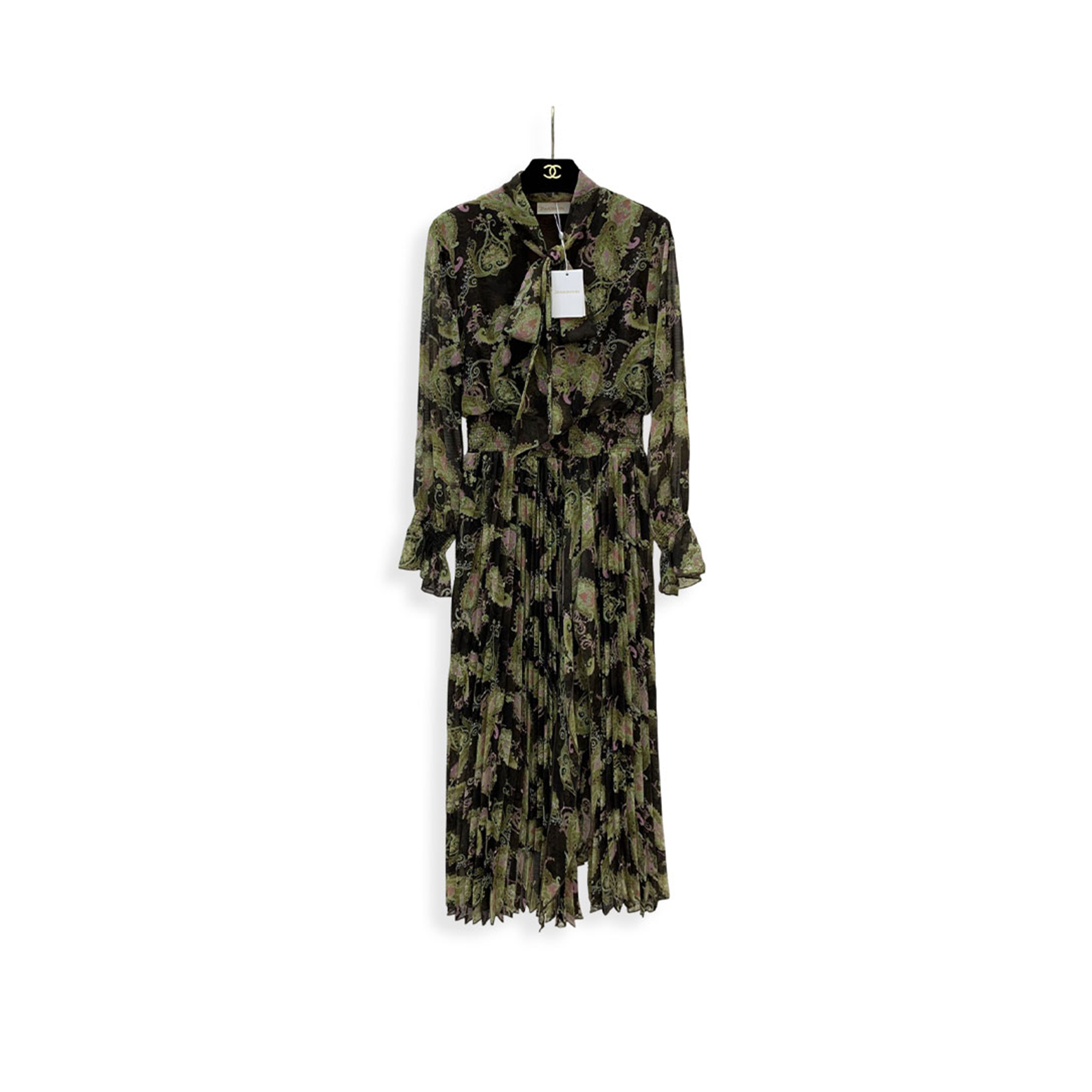 ZIMMERMANN FLORAL PRINT TIE NECK MIDI DRESS IN GREEN 